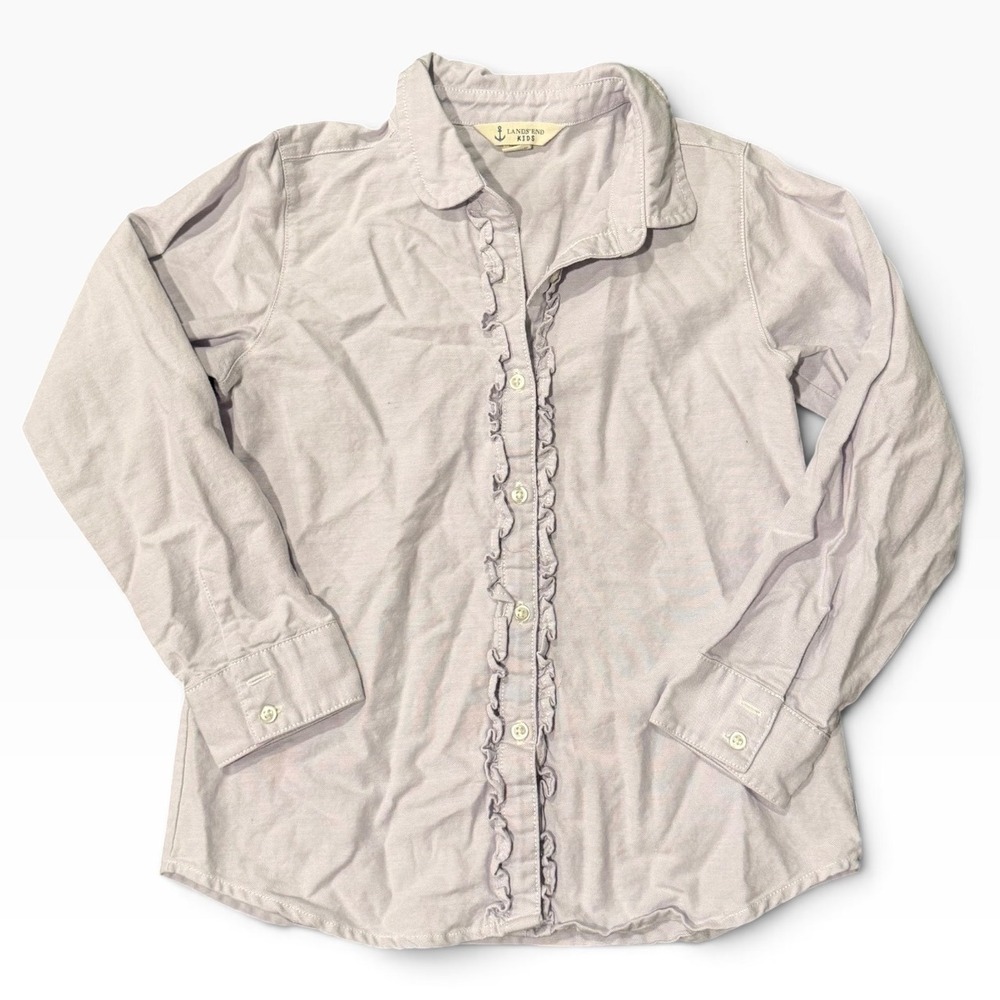 Lands End Kids Girls Lavender Ruffle Front Oxford Shirt Long Sleeve Purple 7/8